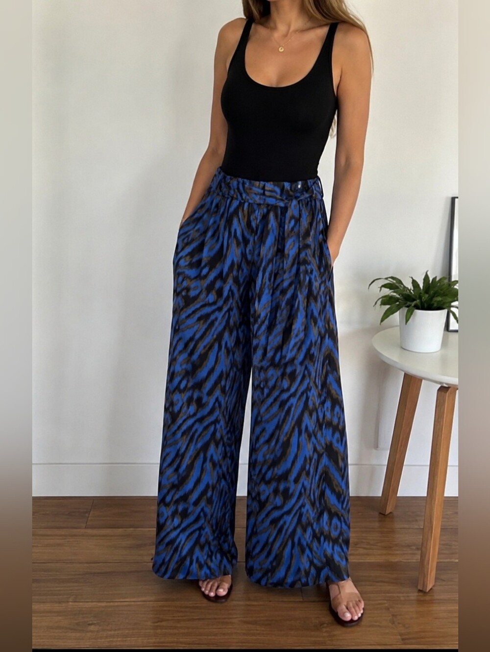Ava & Aiden Blue and Black Wide-Leg Animal-Print Palazzo Pants